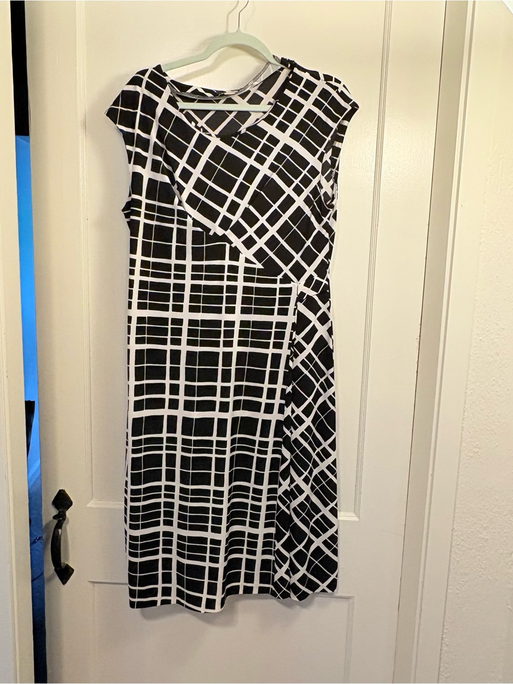 Anne Klein Black & White Grid Cap-Sleeve Women's Midi Dress with Sash, Sz L